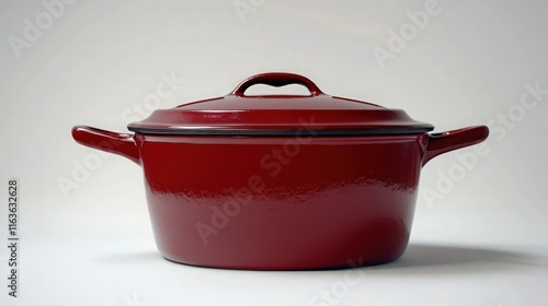 A red enameled cast iron covered Dutch oven with a smooth round shape and sturdy handles, showcased on a white background with subtle light reflections emphasizing its polished enamel coating. photo