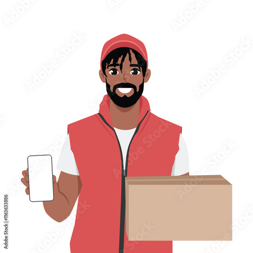 Young man holding parcel box showing phone. Flat vector character illustration