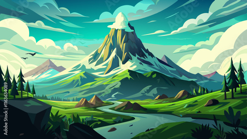 A majestic mountain peak towering over a green valley, clouds swirling around the summit, and the distant sound of an eagle’s cry