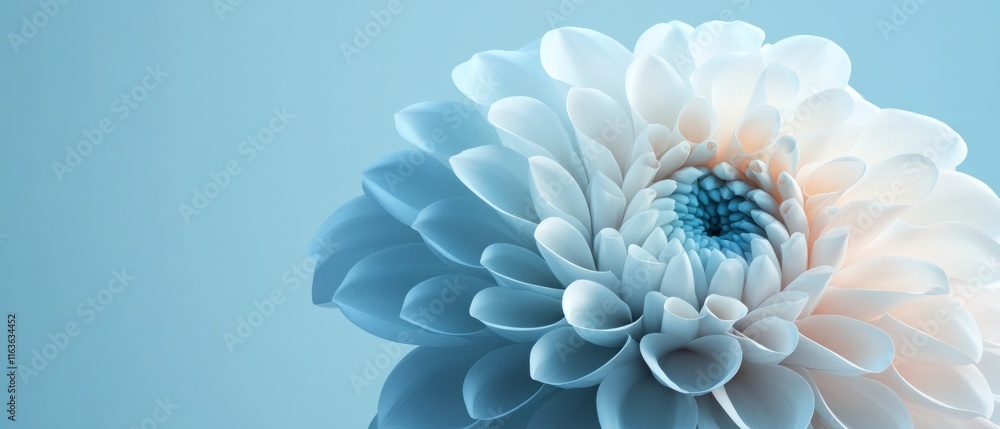 Obraz premium Close-up of a delicate, light blue and white dahlia flower against a soft blue background.