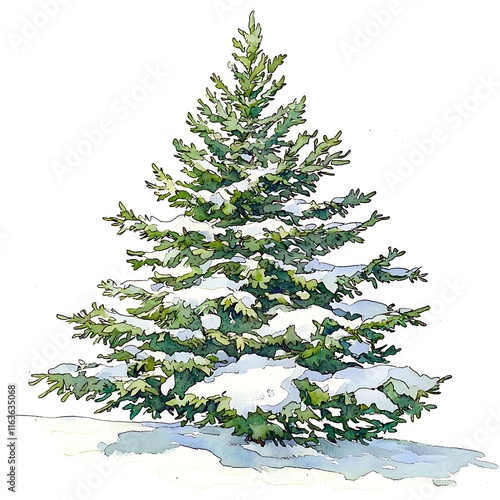 A Watercolor Painting of a Snow-Covered Evergreen Tree on a White Background.