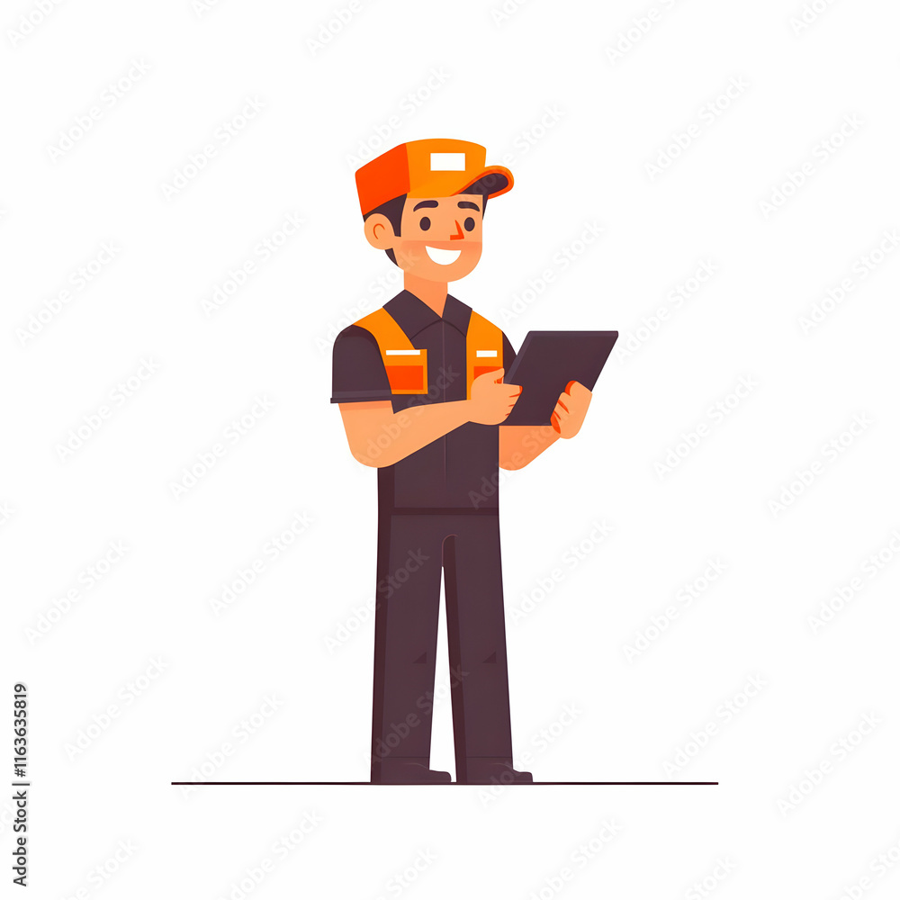 Happy Worker Illustration Using Tablet Happy Worker Illustration Using Tablet