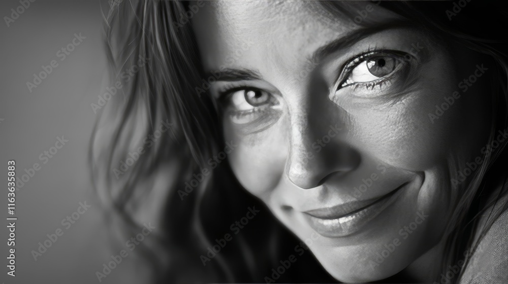 A joyful woman, her gaze directed at the camera, radiates with contentment. A joyful woman, her gaze directed at the camera, radiates with contentment.