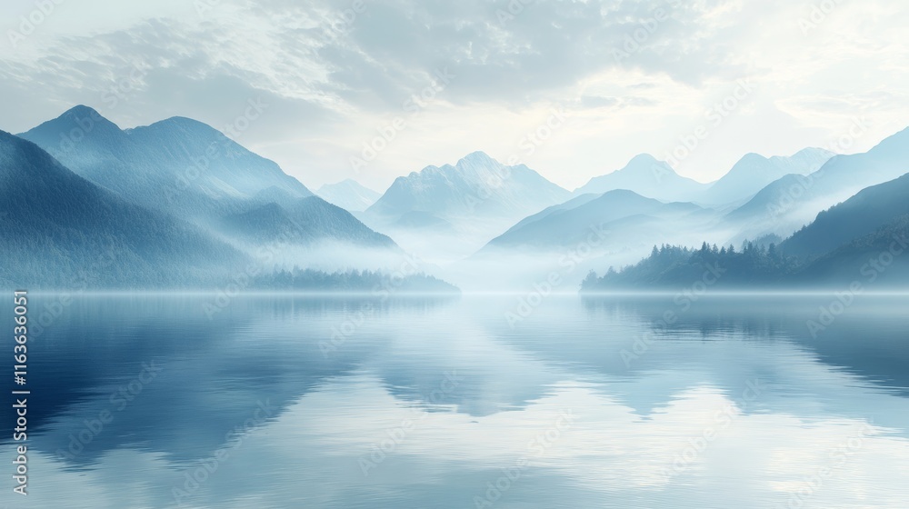 Serene Landscape of Misty Mountains and Calm Waters for Wall Decor or Nature Backgrounds Serene Landscape of Misty Mountains and Calm Waters for Wall Decor or Nature Backgrounds