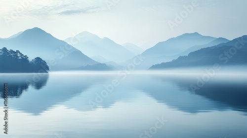 Serene Landscape of Misty Mountains and Calm Waters for Wall Decor or Website Backgrounds