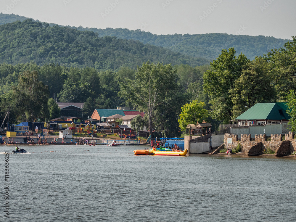 Naklejka premium Southern Urals, Bashkortostan, camp sites on the shore of the Nugush reservoir.
