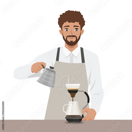 Young man barista making coffee, manual brew drip coffee and accessories. Flat vector character illustration