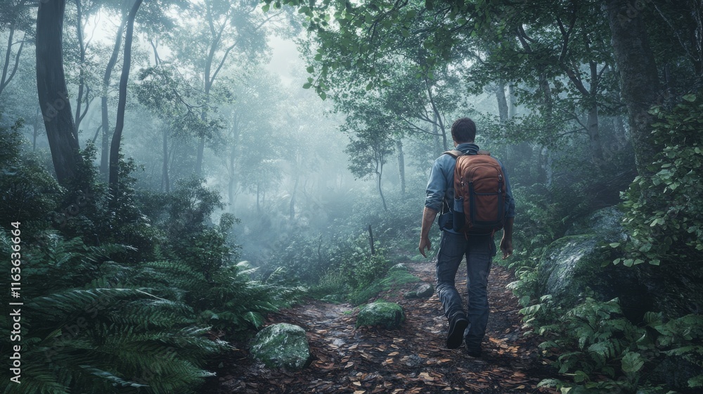 Obraz premium Young caucasian male hiking through misty forest trail in the morning