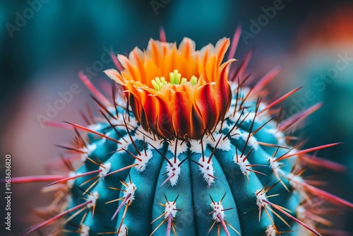 Close-up of vibrant orange-red cactus flower blooming on a teal-colored cactus. photo