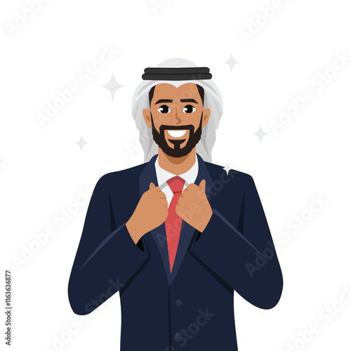 Confident businessman in suit and tie feel successful and motivated. Flat vector character illustration