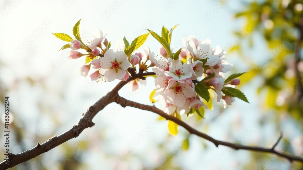 Fototapeta premium Delicate Spring Blossoms on a Branch in Soft Sunlight