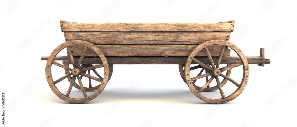 Fototapeta premium Rustic wooden cart with spoked wheels, isolated on white background.