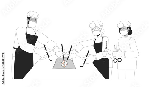 Surgical team in scrubs performing operation black and white 2D line characters. Diverse surgeons working together with scalpels isolated vector outline people. Monochromatic spot illustration