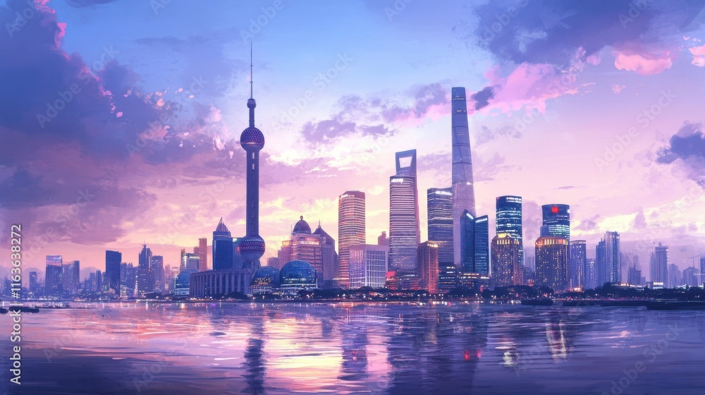 Fototapeta premium Skyscrapers dominate the urban skyline, symbolizing growth and ambition.