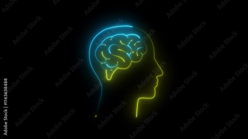 neon anatomical, backdrop, background, biology, brain icon, brainstorm, burn, computer, concept, creative, design, education, energy, human body part on black background in blue and yellow color. neon anatomical, backdrop, background, biology, brain icon, brainstorm, burn, computer, concept, creative, design, education, energy, human body part on black background in blue and yellow color.