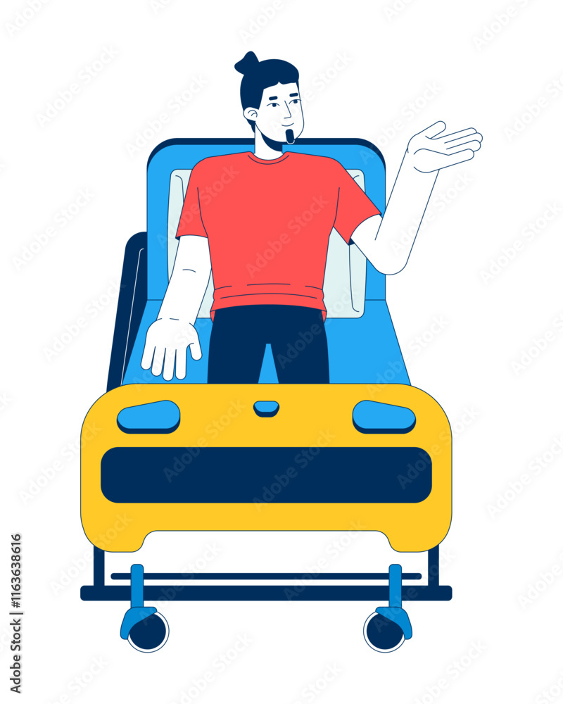 Male patient sitting upright on hospital bed 2D cartoon character. Medical recovery process. Inpatient man caucasian isolated person flat vector on white background. Spot illustration colorful Male patient sitting upright on hospital bed 2D cartoon character. Medical recovery process. Inpatient man caucasian isolated person flat vector on white background. Spot illustration colorful
