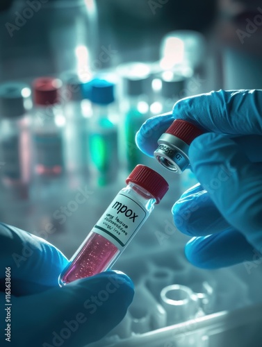 Laboratory scientist analyzes mpox vaccine in research lab with colorful vials and gloved hands.