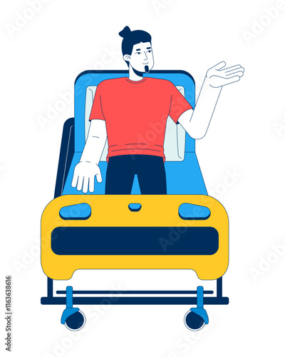 Male patient sitting upright on hospital bed 2D cartoon character. Medical recovery process. Inpatient man caucasian isolated person flat vector on white background. Spot illustration colorful