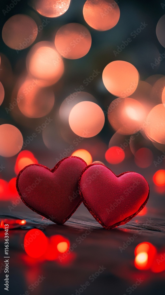 Two red heart-shaped decorations surrounded by warm glowing lights, creating a romantic atmosphere. Two red heart-shaped decorations surrounded by warm glowing lights, creating a romantic atmosphere.