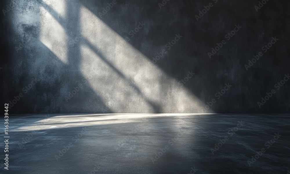 An empty room with light shining from the left side creating a subtle glow on the wall and floor, dark background - Ideal for interior design, lighting, and ambiance An empty room with light shining from the left side creating a subtle glow on the wall and floor, dark background - Ideal for interior design, lighting, and ambiance