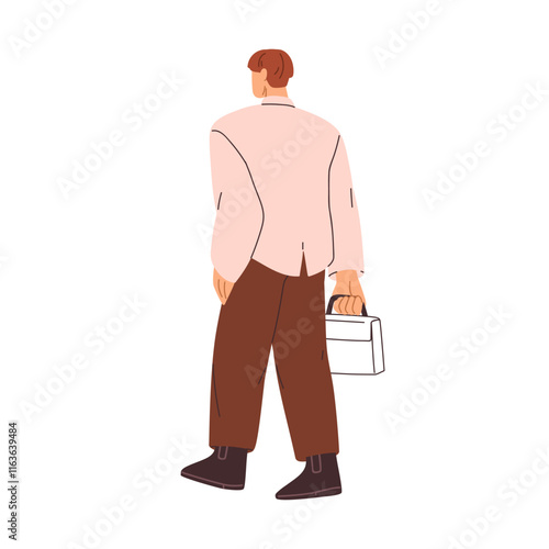 Business man walking away. Male office worker carrying briefcase, back rear view. Employee going to work with case bag in hand, from behind. Flat vector illustration isolated on white background