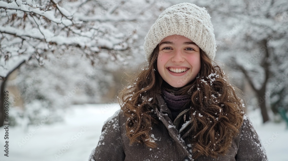 Smiling and cheerful girl in a warm coat and hat posing for a photo in a snowy wintery park, surrounded by snow-covered trees and icy paths. Smiling and cheerful girl in a warm coat and hat posing for a photo in a snowy wintery park, surrounded by snow-covered trees and icy paths.