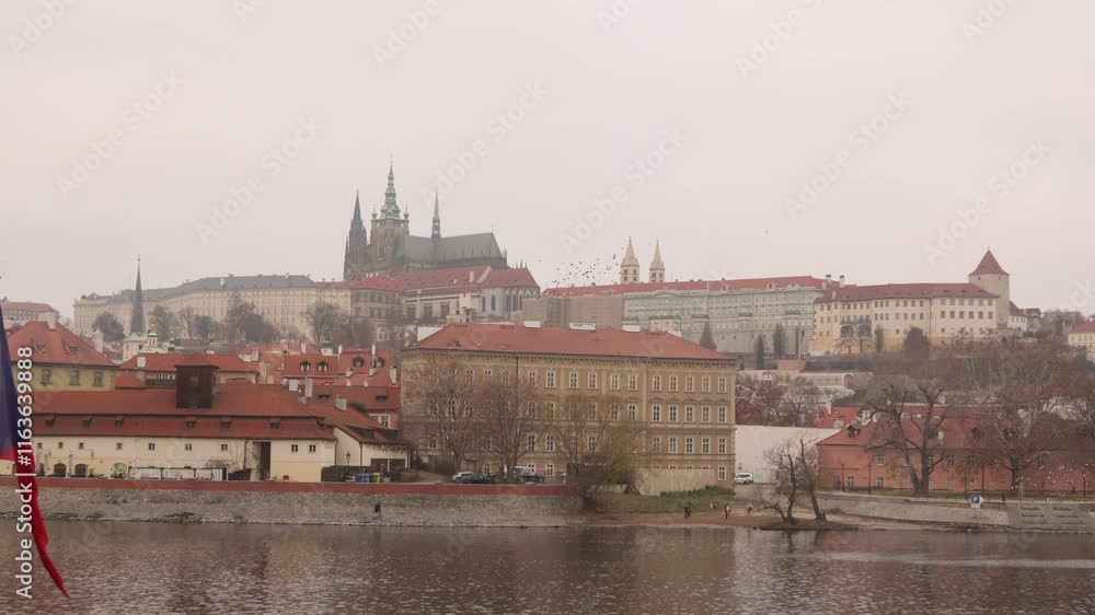 Aerial panoramic view of Prague cityscape with winter morning for from Vltava (Moldava) river Stare Mesto Old Town, Czech Republic European Capital Aerial panoramic view of Prague cityscape with winter morning for from Vltava (Moldava) river Stare Mesto Old Town, Czech Republic European Capital