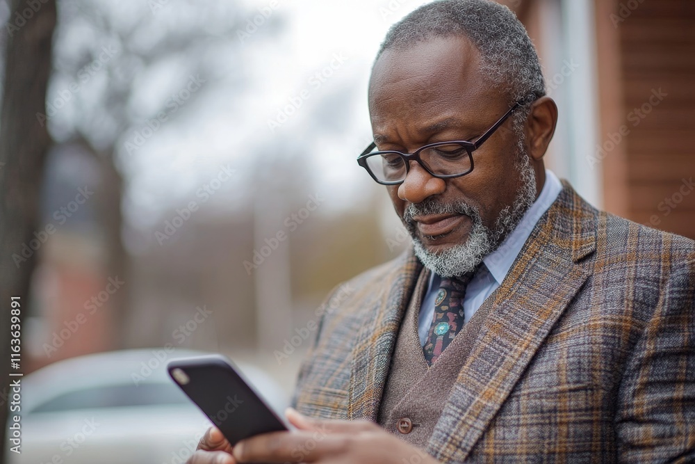 African American businessman utilizing smartphone, Generative AI African American businessman utilizing smartphone, Generative AI
