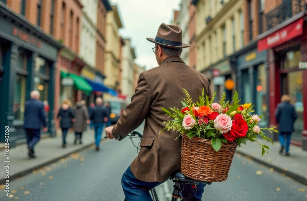 Fototapeta premium Man carrying a flower basket for Valentine's Day and Women's Day on a street