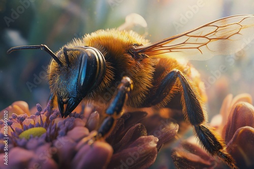 Close-up of a bee on a flower, bathed in sunlight. photo