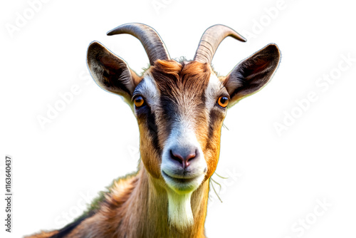 Portrait of a goat on the background of a mountain landscape. isolated on white background