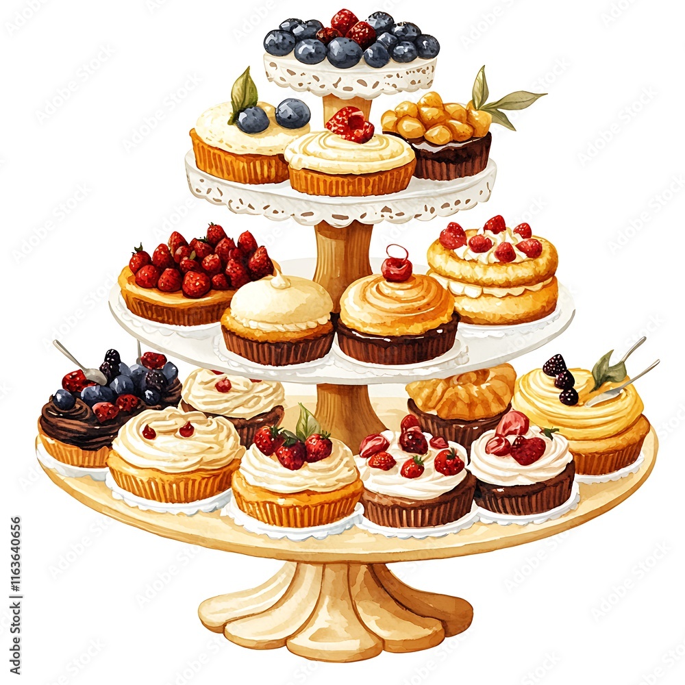 A three-tiered cake stand overflowing with a delectable assortment of exquisitely decorated cupcakes and tarts, perfect for a celebratory occasion. A three-tiered cake stand overflowing with a delectable assortment of exquisitely decorated cupcakes and tarts, perfect for a celebratory occasion.