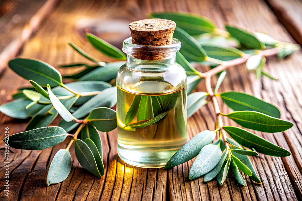 Eucalyptus essential oil in a small glass bottle. A.I. Eucalyptus essential oil in a small glass bottle. A.I.