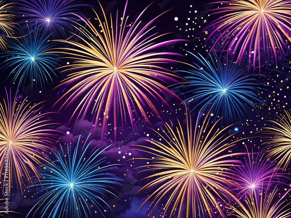 Fototapeta premium Purple, Red Fireworks to welcome the new year 2025. fireworks festival. Generative Ai