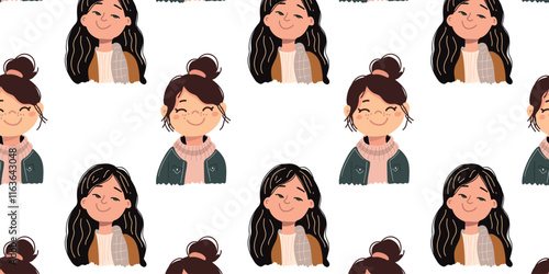 Happy young women face seamless pattern