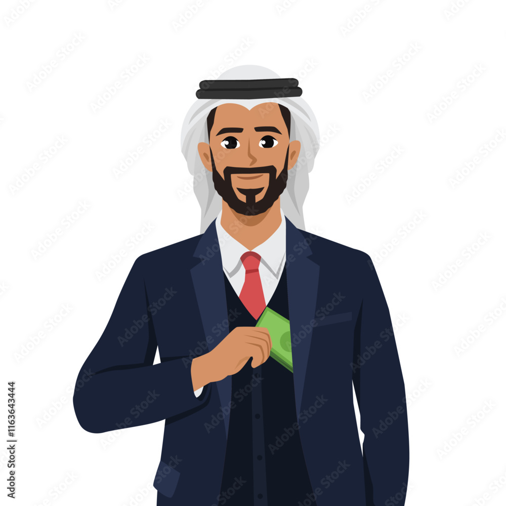 Man showing money from pocket suit. Flat vector character illustration Man showing money from pocket suit. Flat vector character illustration