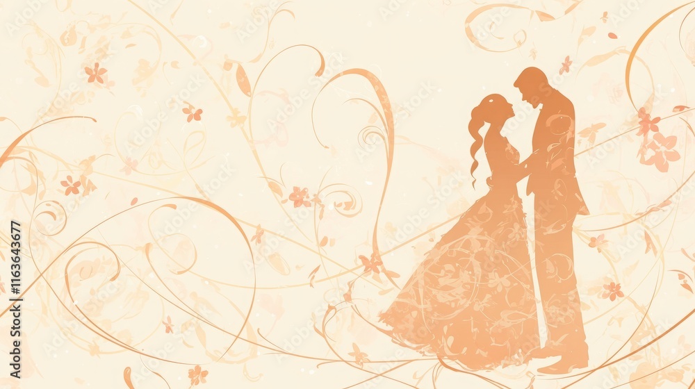 Elegant Silhouette of Bride and Groom Surrounded by Floral Design Elegant Silhouette of Bride and Groom Surrounded by Floral Design