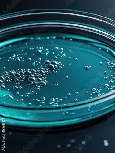Close-up of a petri dish filled with shimmering blue liquid and bubbles reflecting light.
