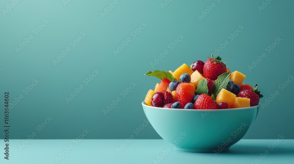 Food and Beverage,sustainable food Fresh fruit salad in a turquoise bowl against a minimalist background. Food and Beverage,sustainable food Fresh fruit salad in a turquoise bowl against a minimalist background.