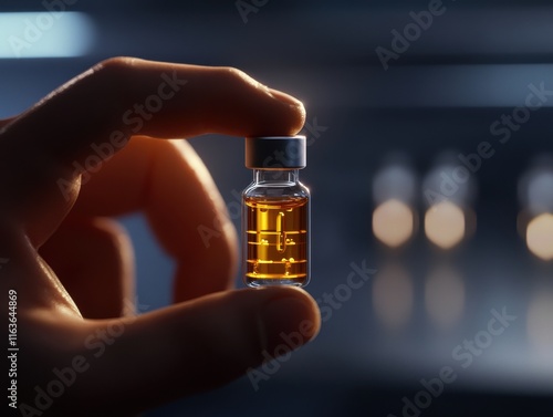 A person holding a small vial of orange liquid, showcasing a modern medical setting with soft lighting.