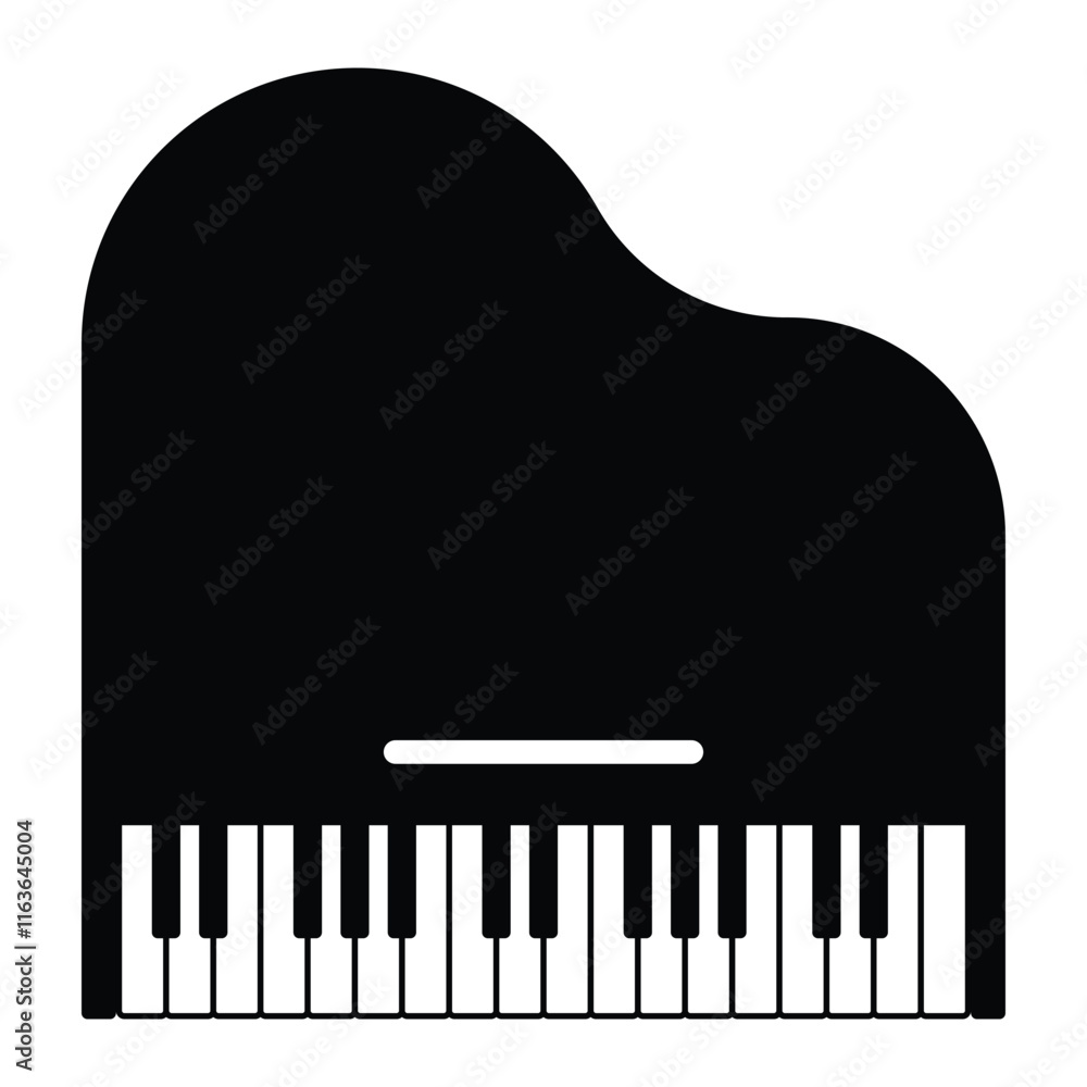Grand piano vector icon. Musical keyboard instrument symbol for music, concerts, and classical performance design. Black silhouette isolated on white background. Grand piano vector icon. Musical keyboard instrument symbol for music, concerts, and classical performance design. Black silhouette isolated on white background.