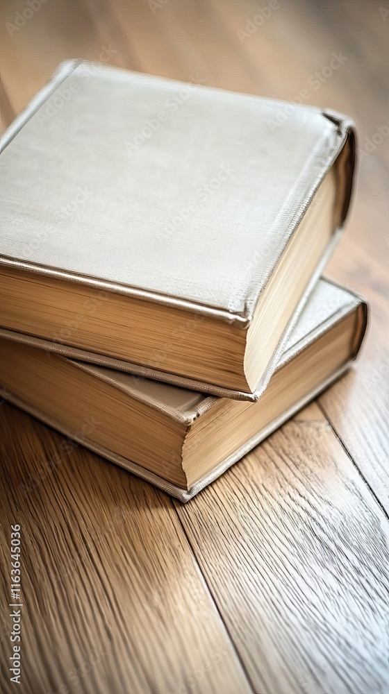A carefully arranged stack of neutral-toned books with blank covers on a wooden surface, emphasizing a minimalist educational theme A carefully arranged stack of neutral-toned books with blank covers on a wooden surface, emphasizing a minimalist educational theme