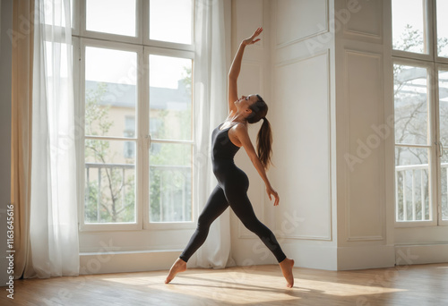 Young gymnast girl stretching and training in the gym.