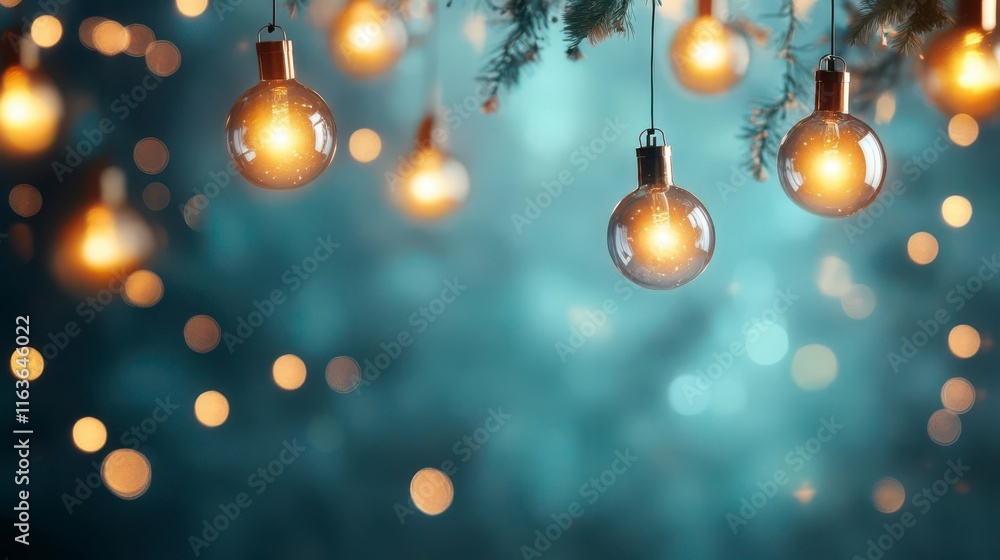 Warm Glowing Bulbs Hanging on Twigs, Teal Bokeh Background. Warm Glowing Bulbs Hanging on Twigs, Teal Bokeh Background.