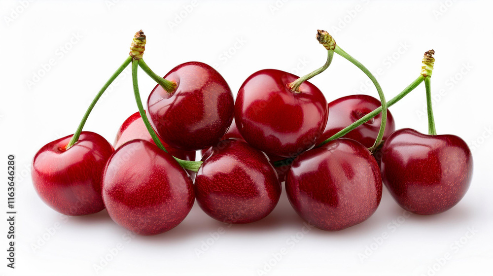 Fresh Ripe Cherries Displayed with Glossy Finish on White Background