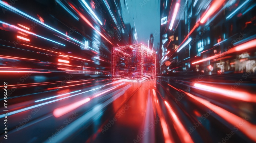 Cyberpunk Cityscape: Red & Blue Neon Cube in Motion Blur Cyberpunk Cityscape: Red & Blue Neon Cube in Motion Blur