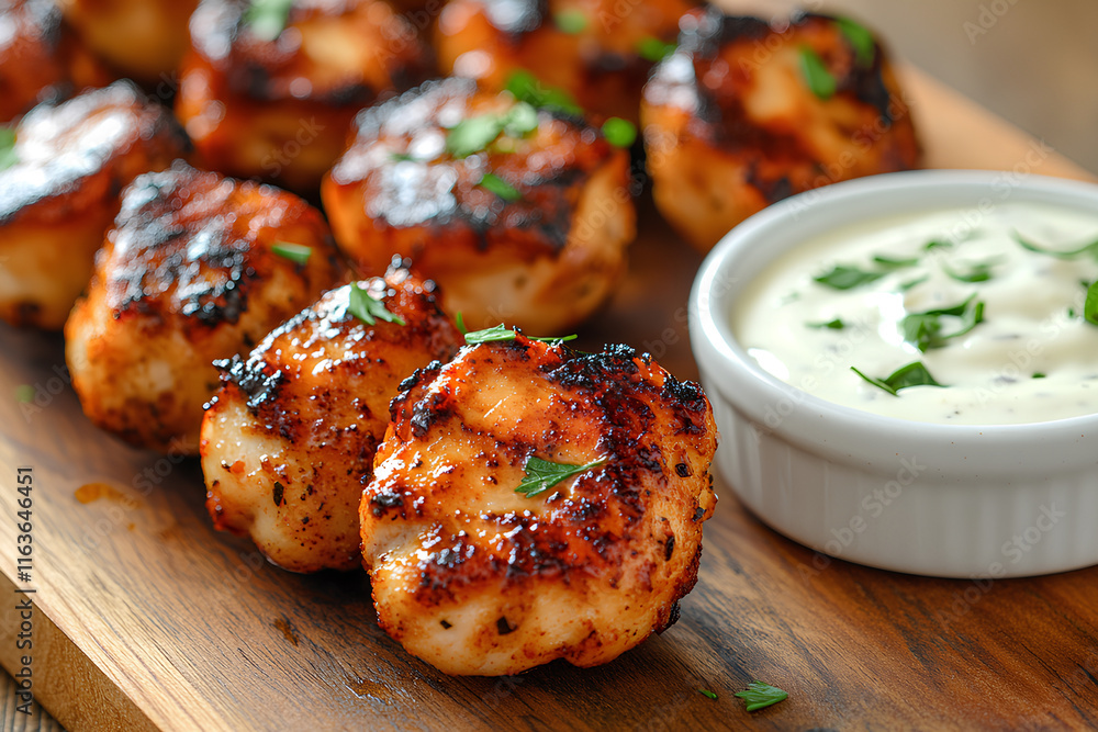 Garlic Butter Chicken Bites with Creamy Sauce and Herb Garnish on Wooden Board
Garlic Butter Chicken Bites with Creamy Sauce and Herb Garnish on Wooden Board
