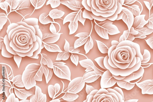 seamless repeating pattern of vintage pink lace adorned with roses and lush leaves. lace pattern background.
 photo