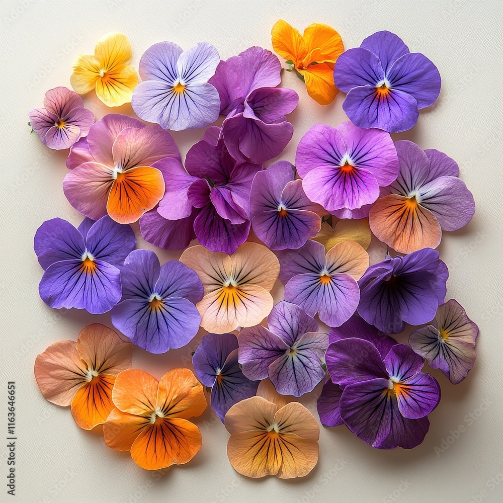 Food and Beverage,sustainable food Colorful pansy flowers arranged beautifully on a light background. Food and Beverage,sustainable food Colorful pansy flowers arranged beautifully on a light background.