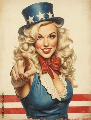 A vintage style recruitment poster featuring a beautiful blonde woman pointing with a finger